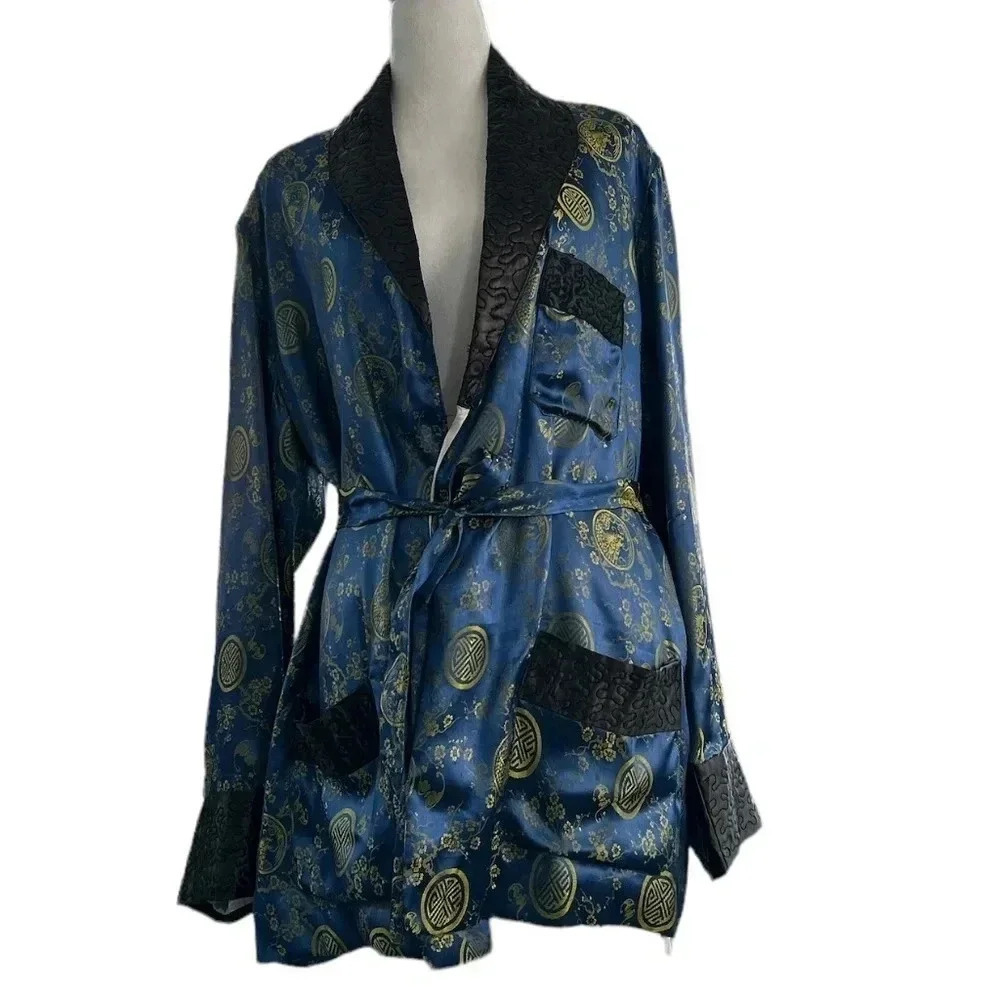Vintage Solz Squirrel Navy Blue Satin Robe
